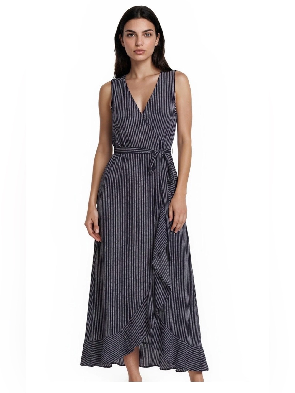 Soma Navy & White Striped Sleeveless Size Large Maxi Dress Faux wrap Nautical